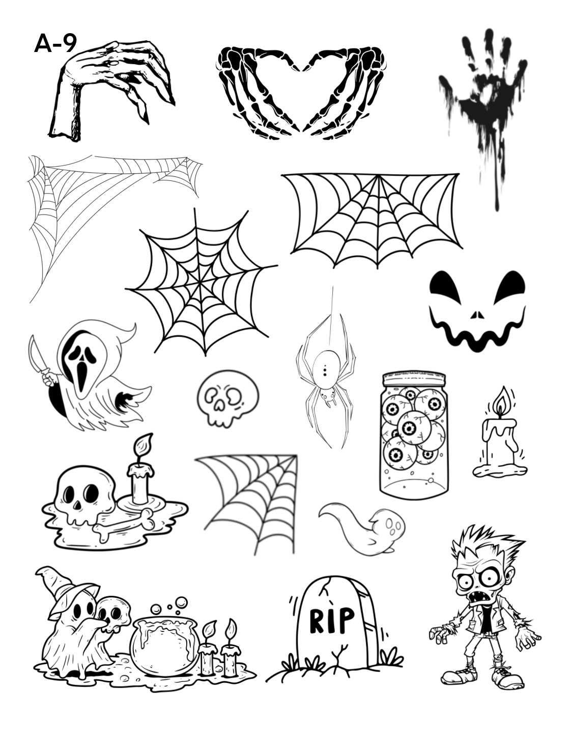 Spooky sheet 15-tattoos by Apu , Inktherapist, Chicago tattoo artist. Chicago tattoo artist- spooky ink