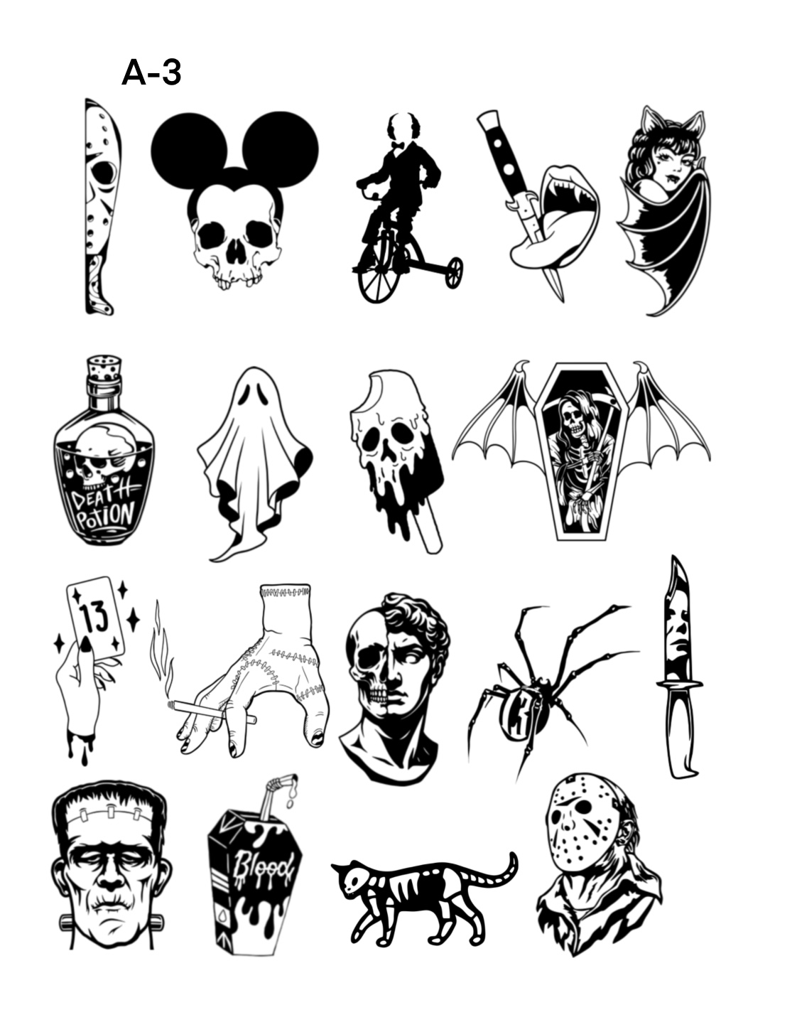 Spooky sheet 9-tattoos by Apu , Inktherapist, Chicago tattoo artist. Chicago tattoo artist- spooky ink